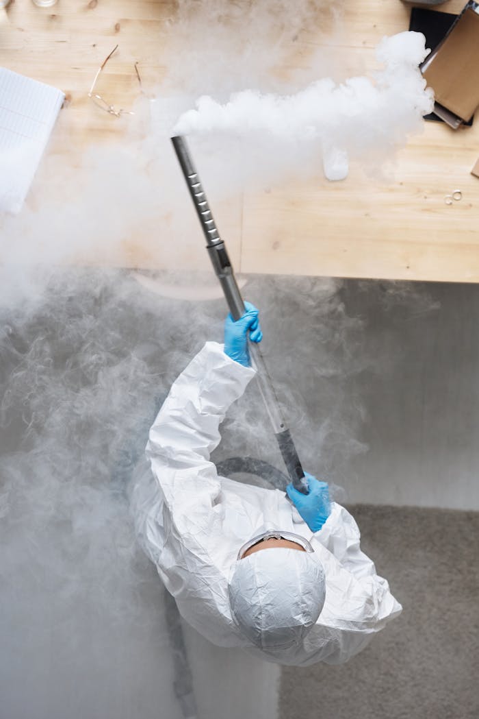 Overhead view of a person in safety gear fumigating a room, emitting white smoke for disinfection.